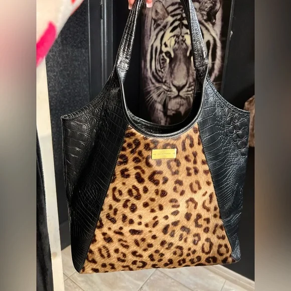 🐆🖤Vintage BRAHMIN Leopard print calf hair & Genuine Leather Shopper Tote Bag🐆EUC - Picture 14 of 17